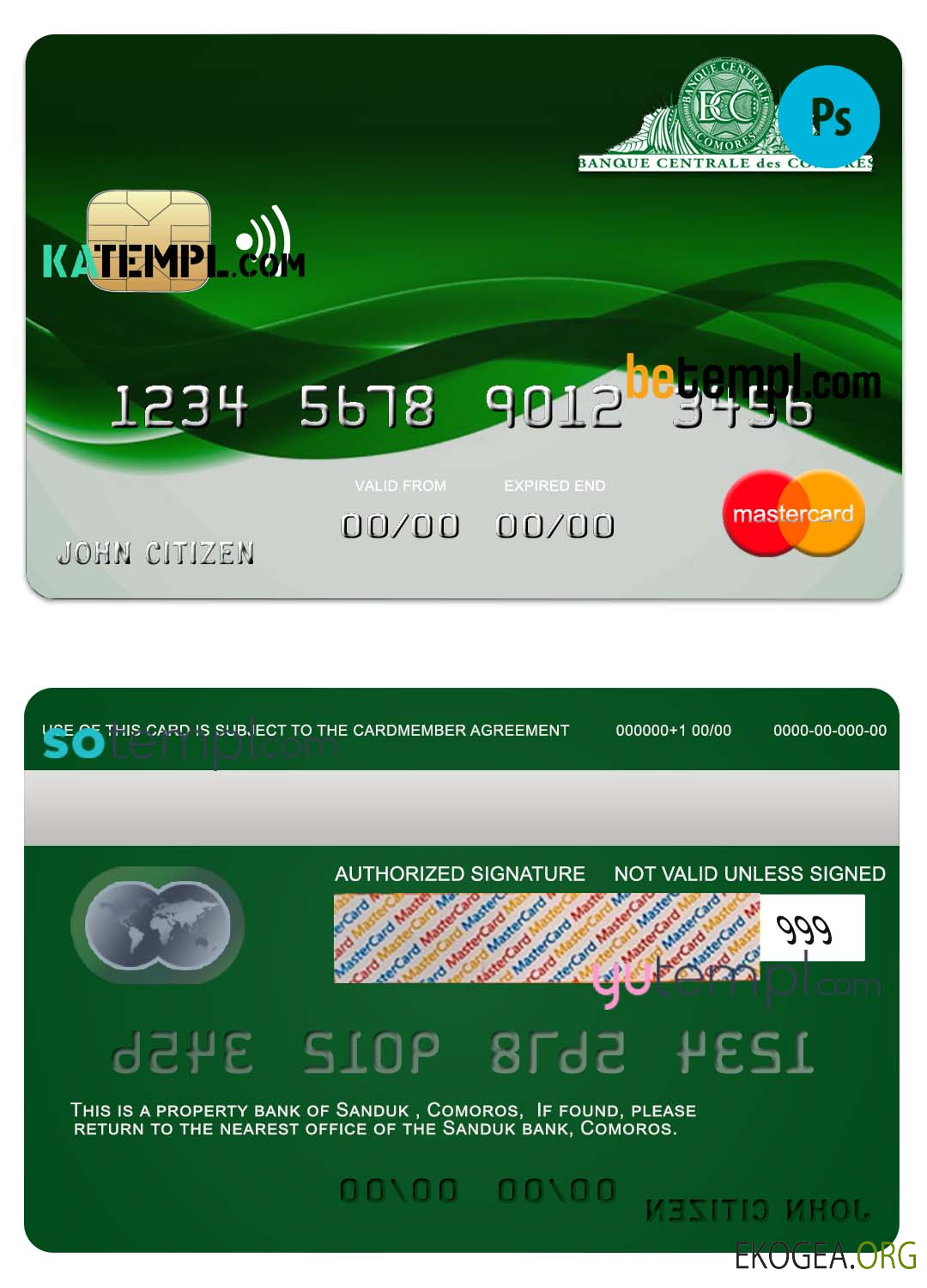 Modèle de carte de crédit mastercard de la banque Sanduk des Comores au format PSD, entièrement modifiable